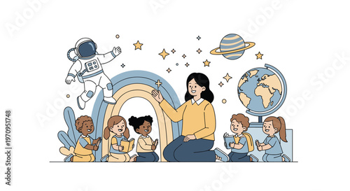 Educational illustration of a teacher and young students exploring the wonders of space, planets, and astronauts together.