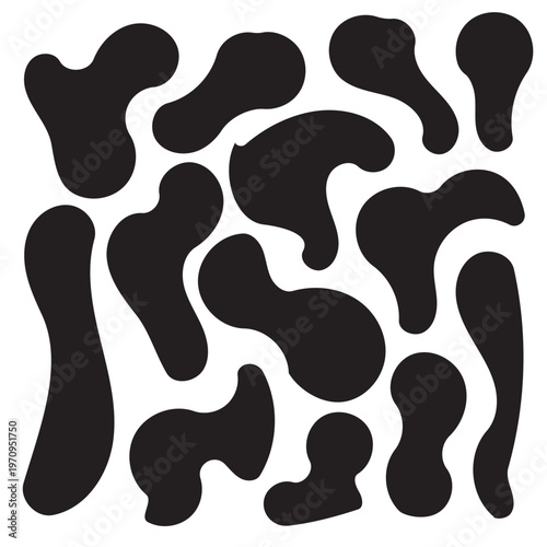 Black organic splash and blot shapes with uneven watery edges. Simple liquid vector set for backgrounds frames splatter graphics and abstract design compositions in eps 10.