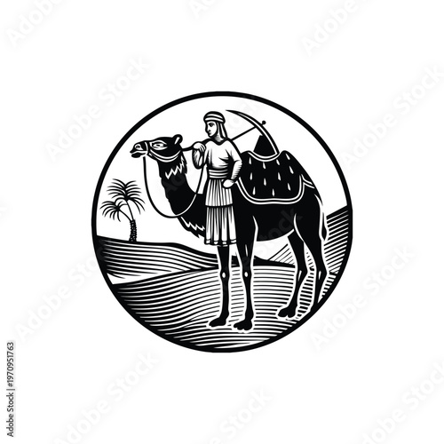 Camel archer in a desert landscape, holding bow and arrow, traditional Middle Eastern scene.