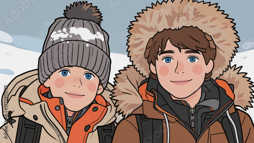 Two boys enjoy a winter day in the mountains while wearing warm jackets and hats