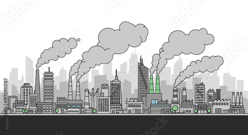 Industrial factory complex emitting smoke from multiple chimneys against a gray city skyline representing urban pollution.