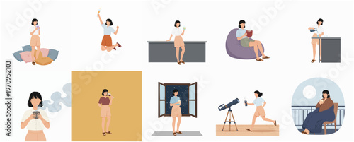 Flat Illustration Set of Young Woman Engaged in Various Lifestyle Activities