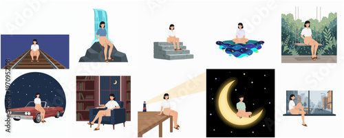Flat Illustration Woman Relaxing and Meditating in Different Location and Mood