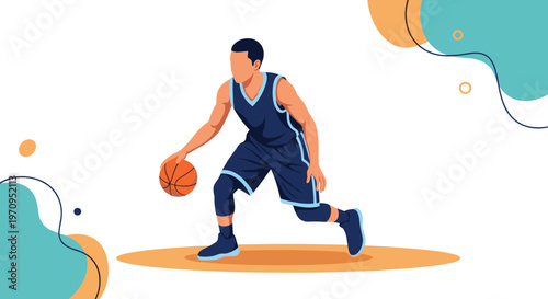 Young male athlete in a blue basketball uniform dribbling the ball on a court with abstract colorful background shapes in a flat style.