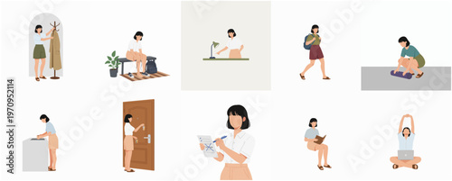 Flat Design Woman Daily Activity Lifestyle Illustration Set In Various Poses