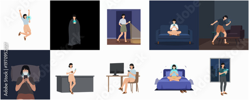 Flat Illustration Collection of Woman Doing Different Activities at Home