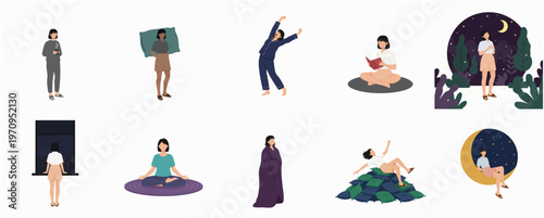 Flat Simple Woman Lifestyle Activity Set Illustration with Different Poses and Environment