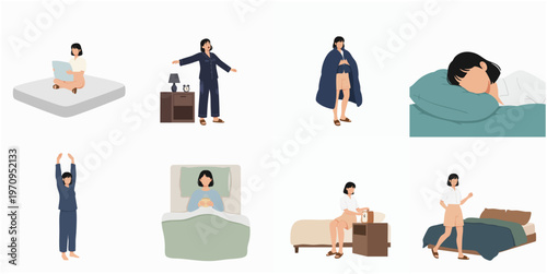 Modern Flat Style Detailed Woman in Bed Lifestyle Illustration Set