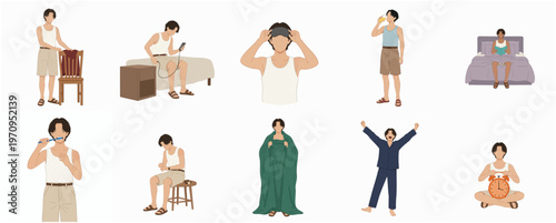 Minimalist Flat Illustration of Young Man Doing His Daily Routine Poses
