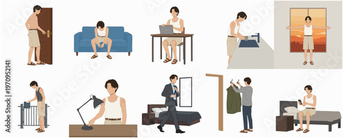 Flat Illustration Man in Daily Life Activity in Home Setting