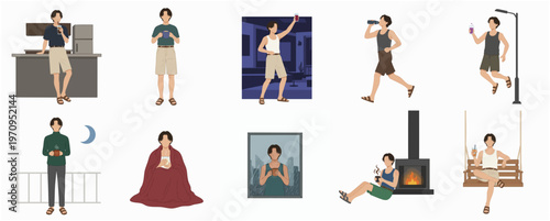 Flat Isolated Man Drinking Pose Lifestyle and Various Daily Activities Illustration