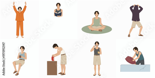 Flat Illustration Active and Relaxing Man Lifestyle Daily Activity Poses Set