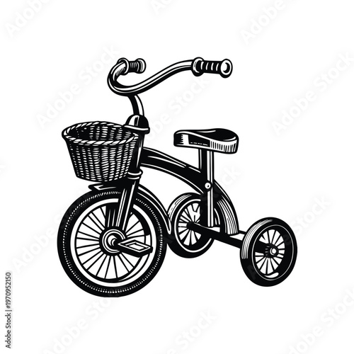 Vintage tricycle with a woven basket on the front, isolated on white background.