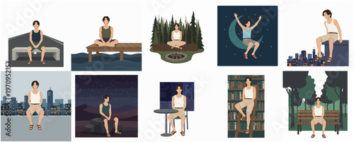 Diverse Pixelated Man Relaxing in Various Urban and Natural Settings Illustration