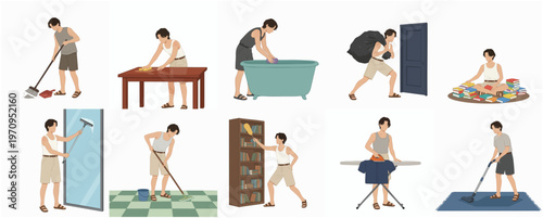 Flat Illustration Set of Man Doing Various Cleaning House Chores