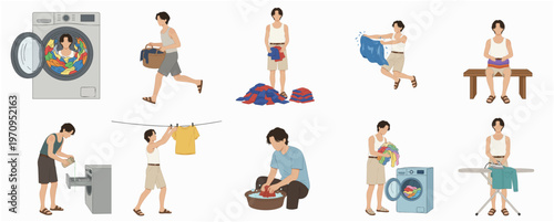 Flat Illustration Set of Man Doing Various Laundry Routine Activities