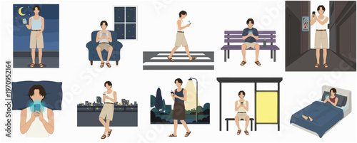 Diverse Flat Man Using Smartphone in Different Scenarios Illustration Set