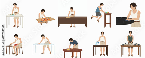 Diverse Flat Illustration of Person Cleaning Furniture and Objects at Home