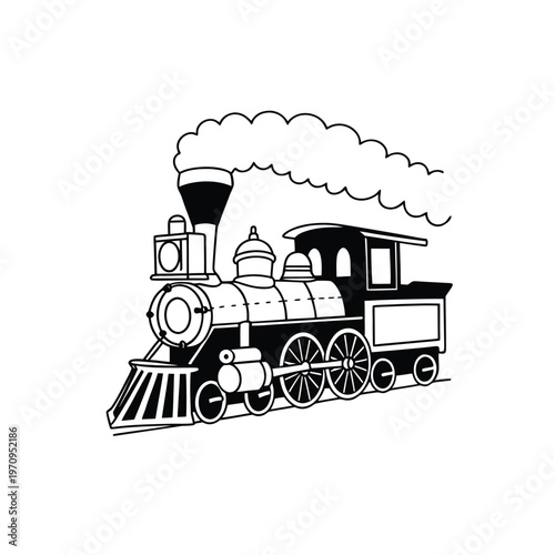 Classic steam engine locomotive train with smoke billowing from the chimney.