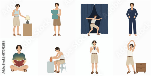 Flat Illustration Set of Man Doing Daily Routines and Activities
