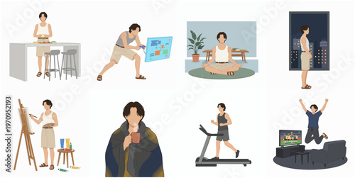 Flat Style Man Lifestyle Activities Illustration Collection In Different Scenes