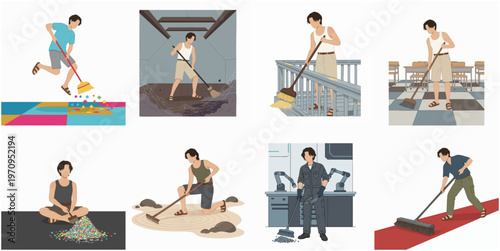 Flat Illustration Man Sweeping with Broom in Various Scenes and Environments