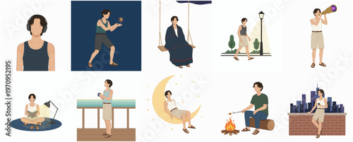 Flat Illustration of Man in Various Activities and Poses in Nature Scenery
