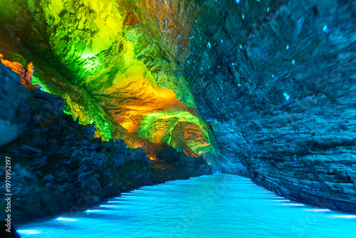 Huanglong Cave (Yellow Dragon Cave) in the Wulingyuan Scenic Area of Zhangjiajie City, China.Huanglong Cave is a large karst cave system famous for its stalactites, stalagmites, and underground river 