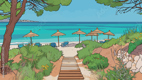 Visitors walk towards the beach under a clear sky with umbrellas and chairs set up for relaxing along the shoreline in a sunny location