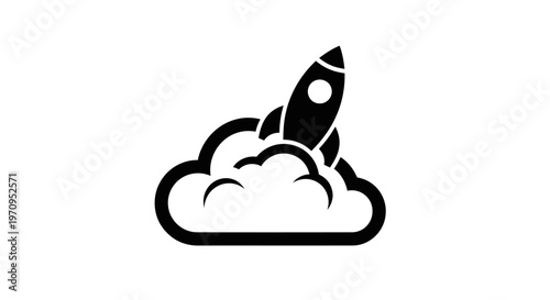Black and white rocket ship icon launching from clouds.