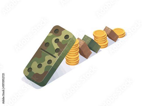 Camouflaged domino falling onto stacked coins, representing the domino effect of military spending on the economy.