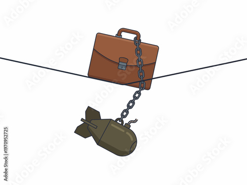 Briefcase chained to a bomb balanced precariously on a tightrope, symbolizing business risk and danger.