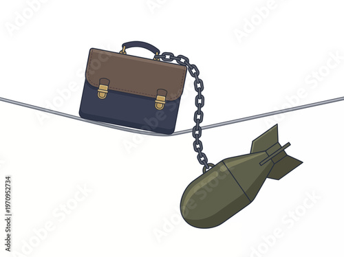 Briefcase chained to a bomb balanced precariously on a tightrope, symbolizing business risk and danger.