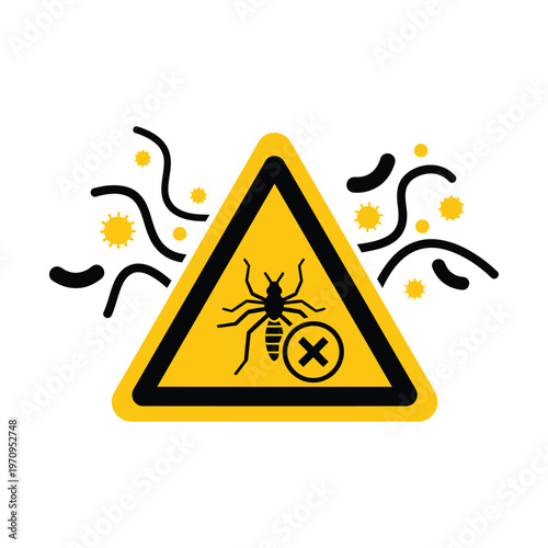 Mosquito warning sign with virus and bacteria icons, yellow triangle pest control alert, insect borne disease prevention vector illustration