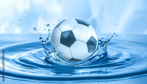 Soccer Ball Splash in Blue Water: Dynamic Athletic Symbolism, Refreshing and Energetic, Perfect for Sport, Hydration, or Summer Theme Designs and Promotions