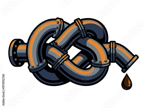 Industrial pipeline tied in a knot with a single drop of oil falling, symbolizing a blockage or crisis.