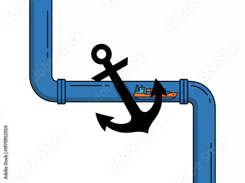 Black anchor blocking a blue pipe with a ship inside, representing a blockage in maritime transport or supply chain disruption.