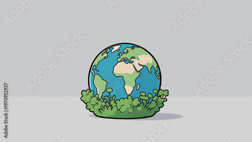 Earth surrounded by green plants with an emphasis on nature and ecology in a simple graphic style