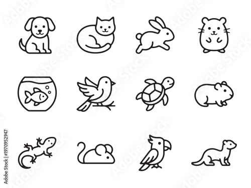 Domestic pet animals, house mammals, and veterinary care creatures with birds, reptiles, and aquatic fish for animal clinic line icon set