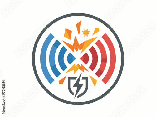 Abstract vector icon depicting a clash of signals or forces with a shield and lightning bolt, symbolizing conflict and protection.