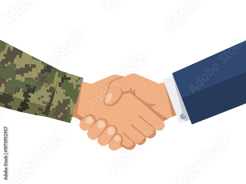 Military and civilian handshake symbolizing cooperation and partnership between armed forces and business professionals.
