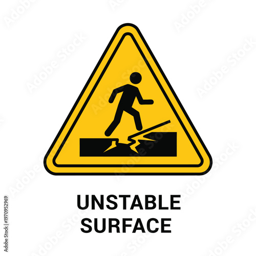 Unstable surface warning sign vector, yellow triangle caution symbol for fragile ground, industrial safety alert icon for construction sites