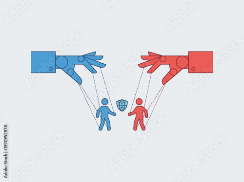 Conceptual illustration of two hands controlling figures with strings, representing manipulation, puppetry, and control in relationships or business.