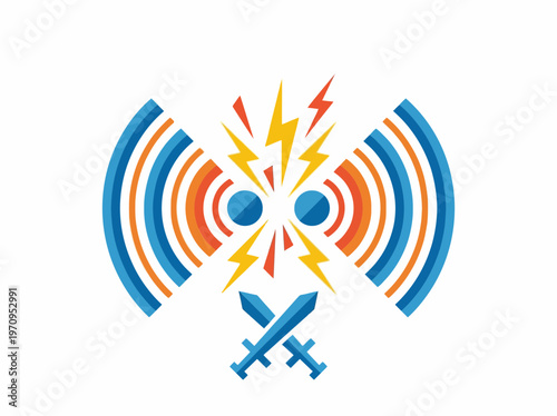 Vector illustration of two crossed swords and radiating waves, symbolizing a duel, competition, or a conflict of ideas and communication.