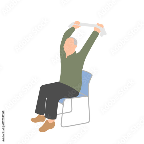 高齢男性の椅子体操　タオルを使ったストレッチ運動