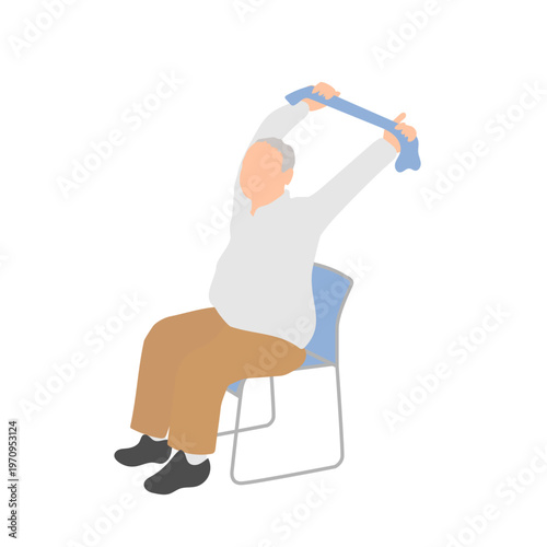 高齢男性の椅子体操　タオルを使ったストレッチ運動（ぽっちゃり体型）