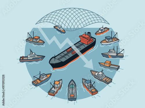 Illustration of a large cargo ship surrounded by smaller boats under a protective net, suggesting fleet management or protection.