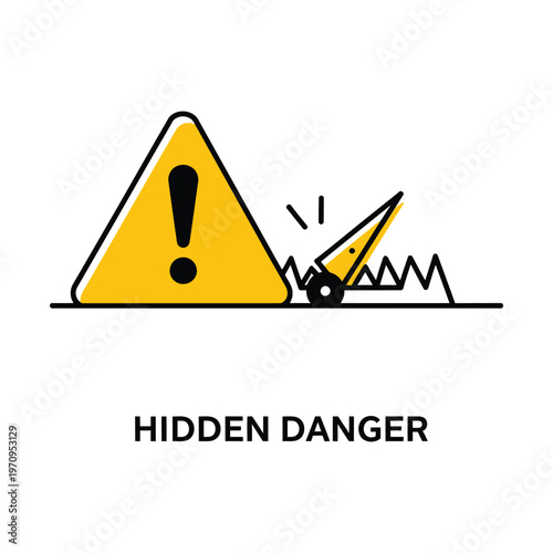 An illustration depicting a yellow warning sign with an exclamation mark next to a sprung bear trap, symbolizing hidden danger and risk.