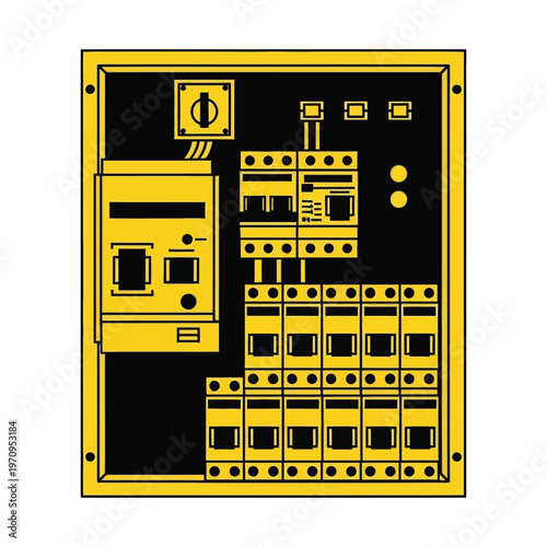 Graphic illustration of an electrical distribution board with circuit breakers and switches for power management and safety.