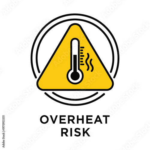 Overheat risk warning sign with thermometer icon, yellow triangle caution symbol for high temperature, industrial safety alert vector